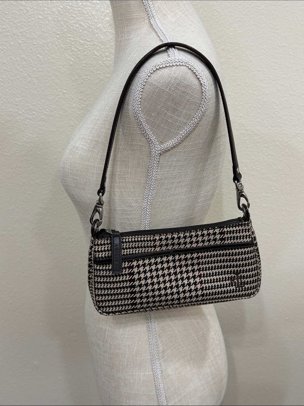 Vintage Y2K Ralph Lauren Brown Plaid Houndstooth Small Shoulder Bag Baguette - Picture 16 of 16